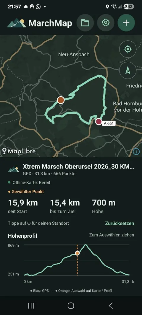 MarchMap showing a route map and elevation profile